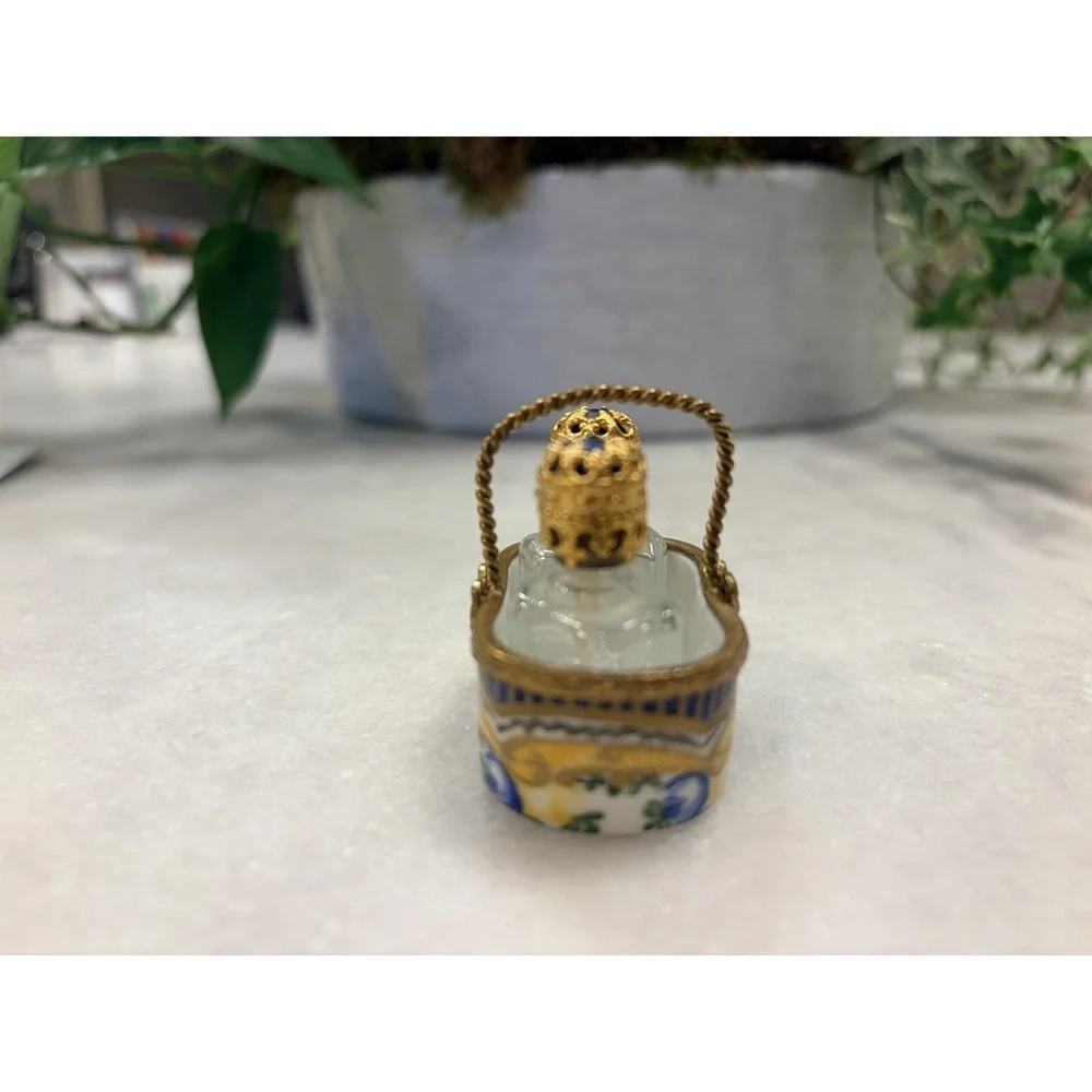 Limoges France Peint Main Blue Roses Box Basket TwoPerfume Bottles Gold Bow